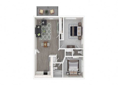 Floor plan for 2 beds, 1.5 baths, 735 sqft